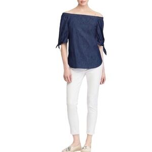 Lauren Ralph Lauren Denim Off Shoulder Tie Sleeve Shirt